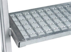 Aluminium-Podestleiter, einseitig begehbar, mit Rollen und Griff, Ausführung Stahl-Gitterrost, 4 Stufen