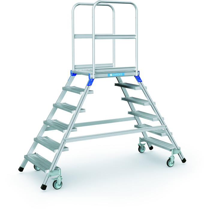 Podesttreppe, fahrbar, beidseitig begehbar mit Leichtmetall-Stufen und Plattform, 2x6 Stufen Podesttreppe, fahrbar, beidseitig begehbar mit Leichtmetall-Stufen und Plattform, 2x6 Stufen