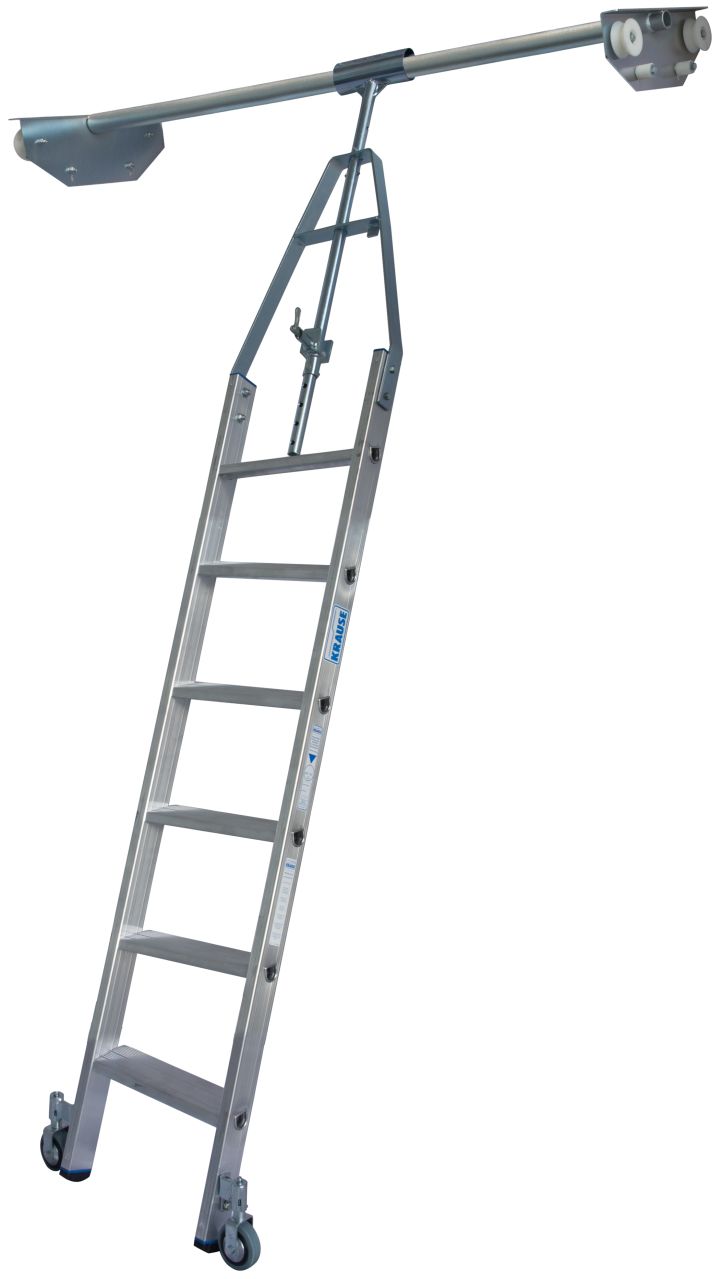 Stufen-RegalLeiter für Doppelregal mit Rundrohr-Schienenanlage, 6 Stufen Stufen-RegalLeiter für Doppelregal mit Rundrohr-Schienenanlage, 6 Stufen