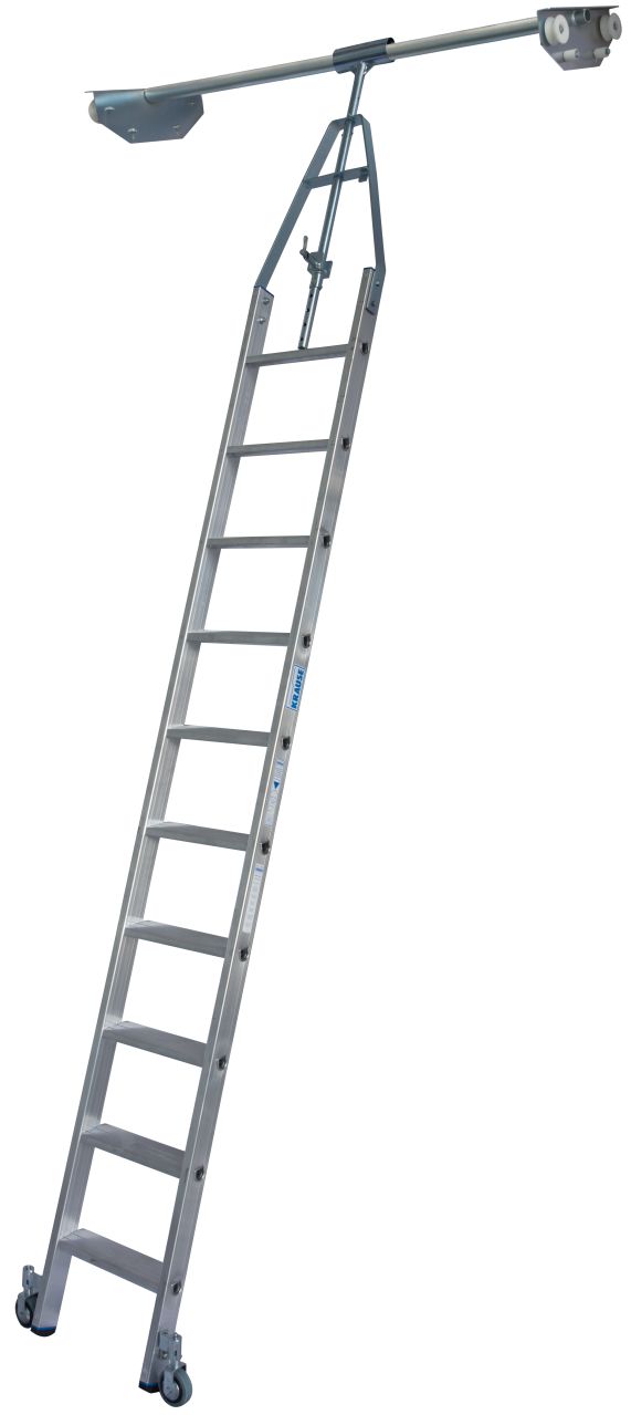 Stufen-RegalLeiter für Doppelregal mit Rundrohr-Schienenanlage, 10 Stufen Stufen-RegalLeiter für Doppelregal mit Rundrohr-Schienenanlage, 10 Stufen