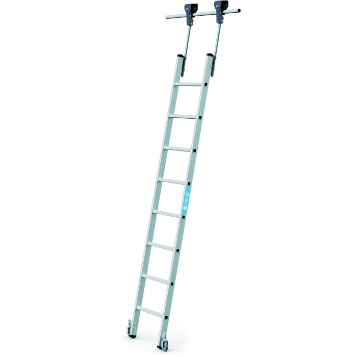 Stella Trec LH, Gebördelte Sprossen-Regalleiter fahrbar, 8 Sprossen