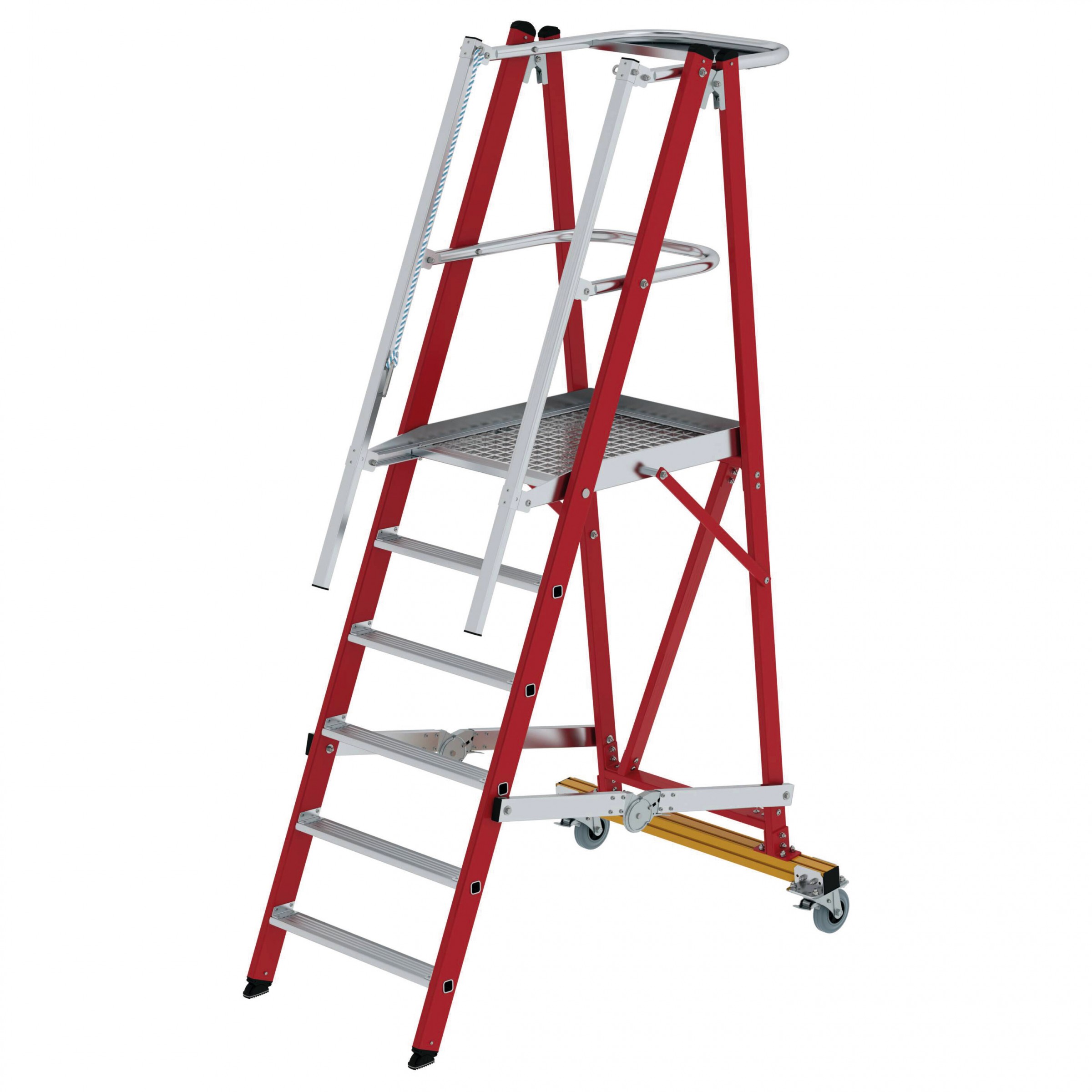 Plattformleiter GFK/ALU klappbar und fahrbar mit GFK-Handlauf, 5 Stufen Plattformleiter GFK/ALU klappbar und fahrbar mit GFK-Handlauf, 5 Stufen