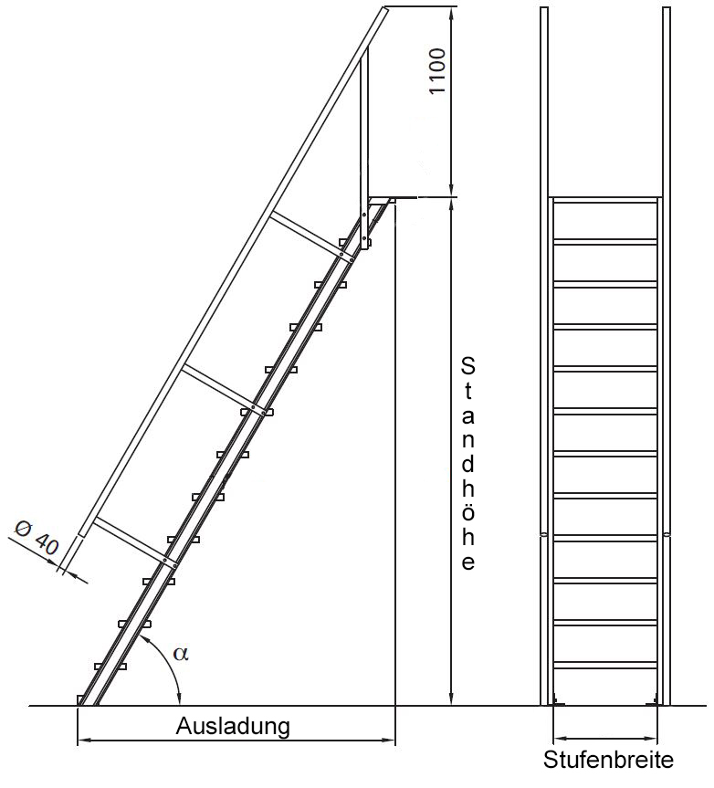 Euroline 45° Treppe , 1000 mm Stufenbreite, 12 Stufen