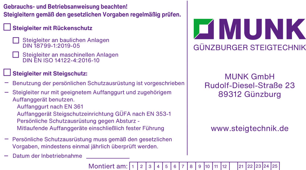Kennzeichnungsaufkleber für Steigschutzeinrichtung Kennzeichnungsaufkleber für Steigschutzeinrichtung