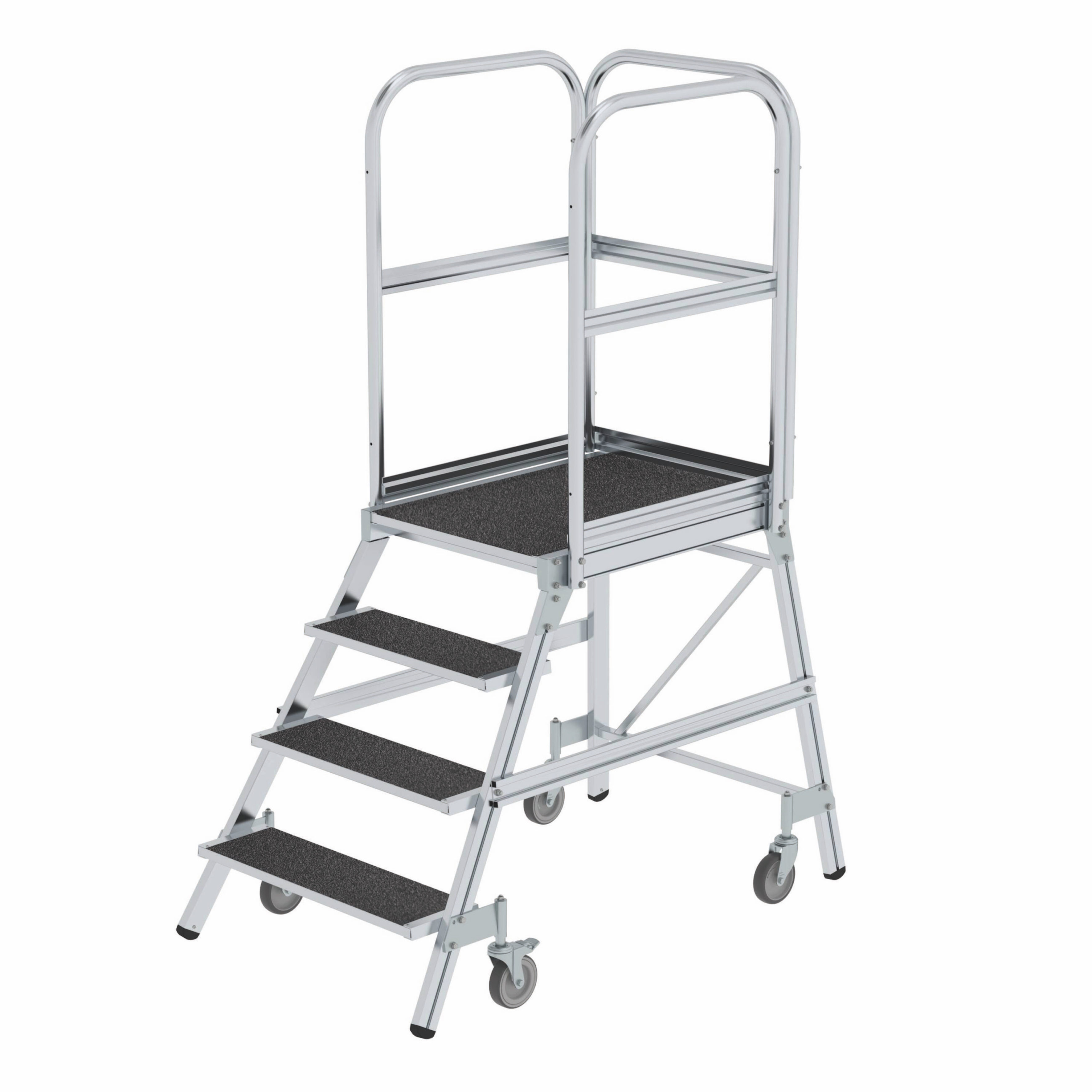 Aluminium-Podestleiter, einseitig begehbar, mit Federrollen, Korundbeschichtung R 13, 4 Stufen Aluminium-Podestleiter, einseitig begehbar, mit Federrollen, Korundbeschichtung R 13, 4 Stufen